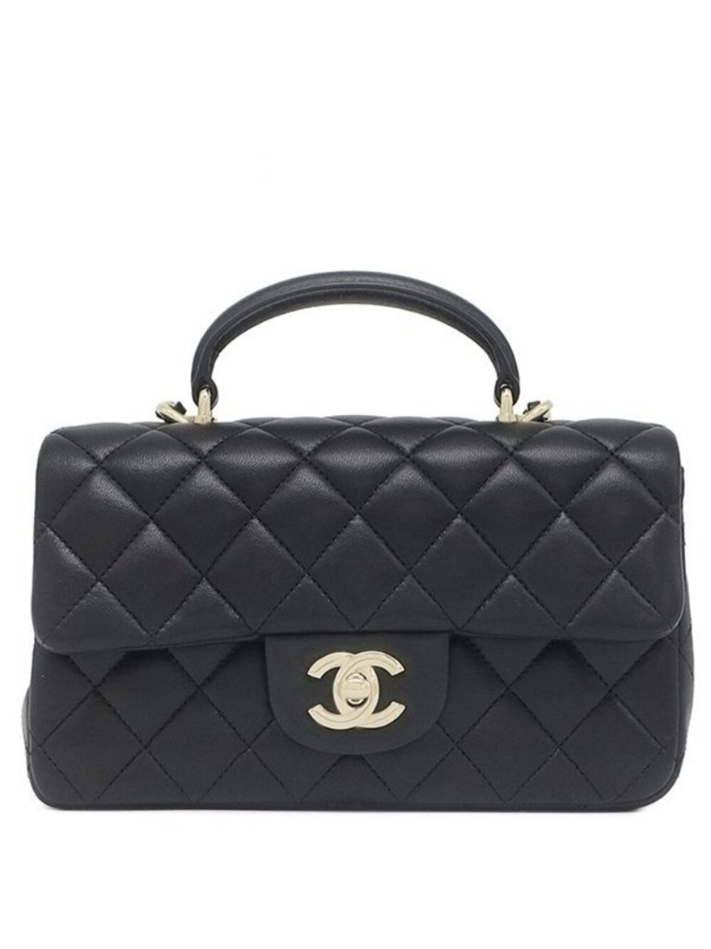 Chanel 2-Way Bag Quilted 20 Top Handle Lambskin Black Gold Handbag